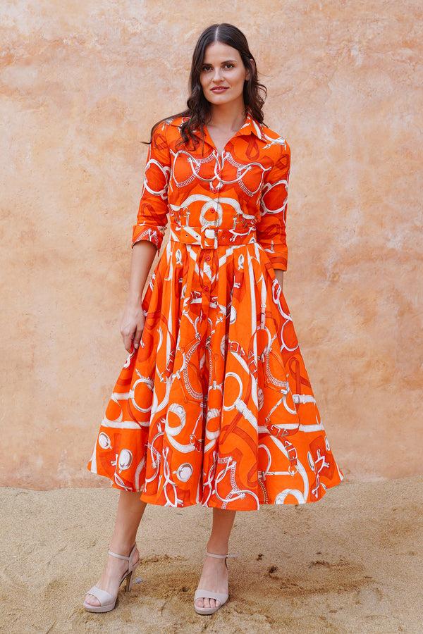 samantha sung Amber Dress Shirt Collar 3/4 Sleeve Midi Length Linen (Secretariat Horse Bright)