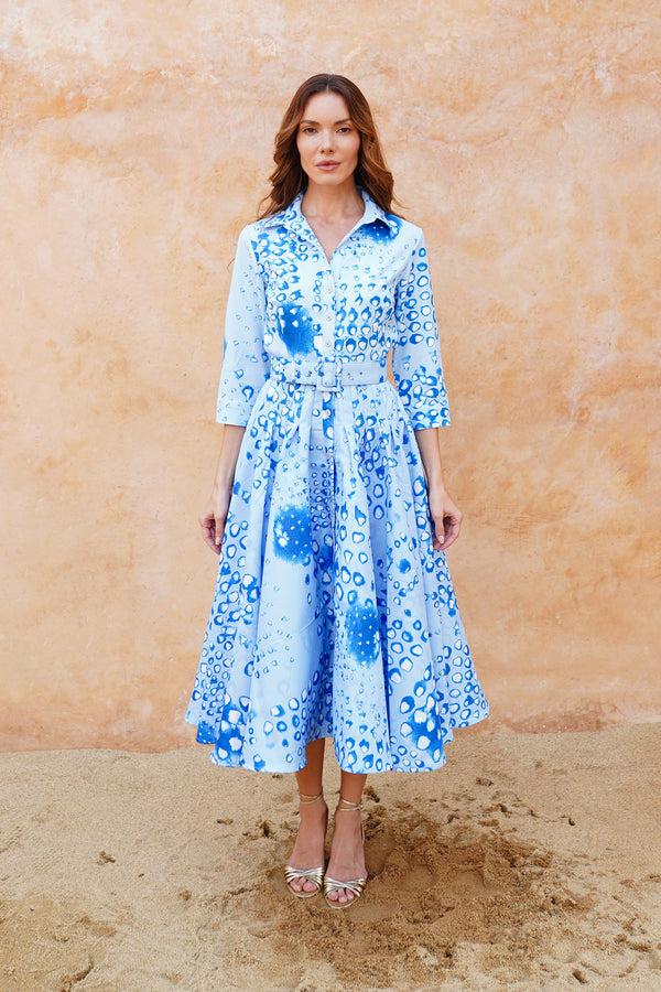 samantha sung Amber Dress Shirt Collar 3/4 Sleeve Midi Length Poliamide Taffta (Tie Dye Geometric Pastel)