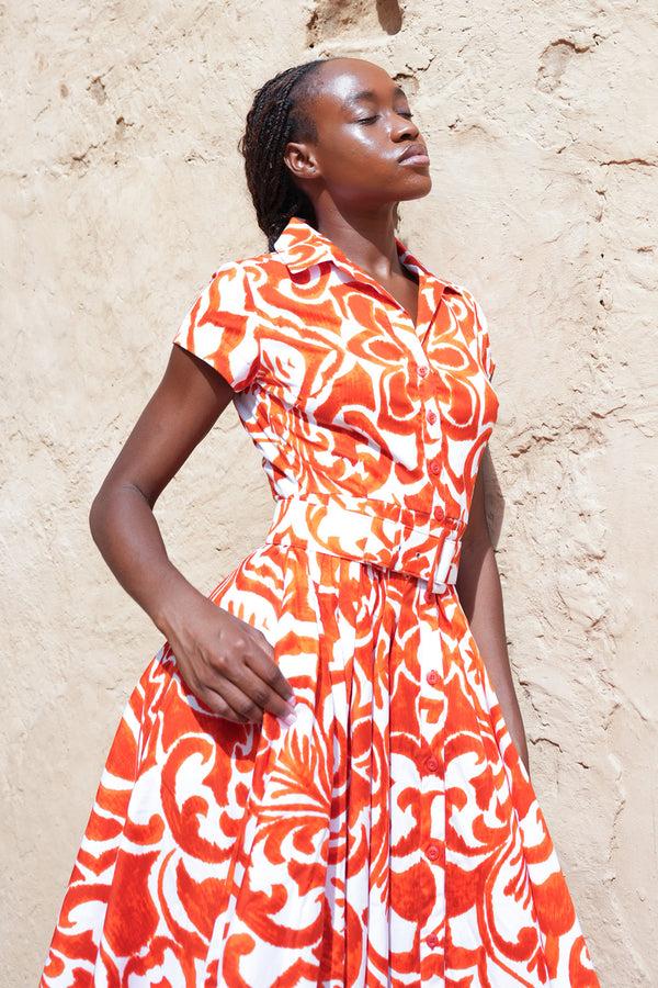 Samantha Sung Amber Dress Shirt Collar Short Cap Sleeve Midi Length Cotton Stretch (Maiolica Blue Tile Small)