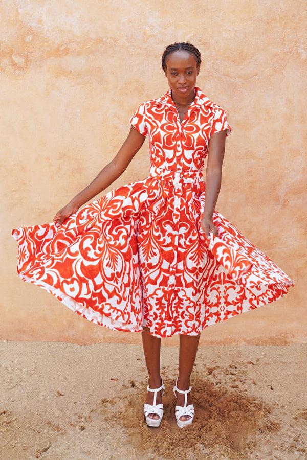 samantha sung Amber Dress Shirt Collar Short Cap Sleeve Midi Length Cotton Stretch (Maiolica Blue Tile Small)