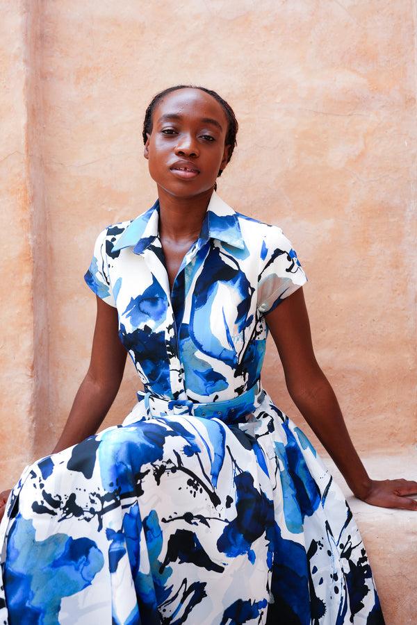 Samantha Sung Amber Dress Shirt Collar Short Cuff Sleeve Midi Length Poliamide Taffta (Watercolor Foliage White)