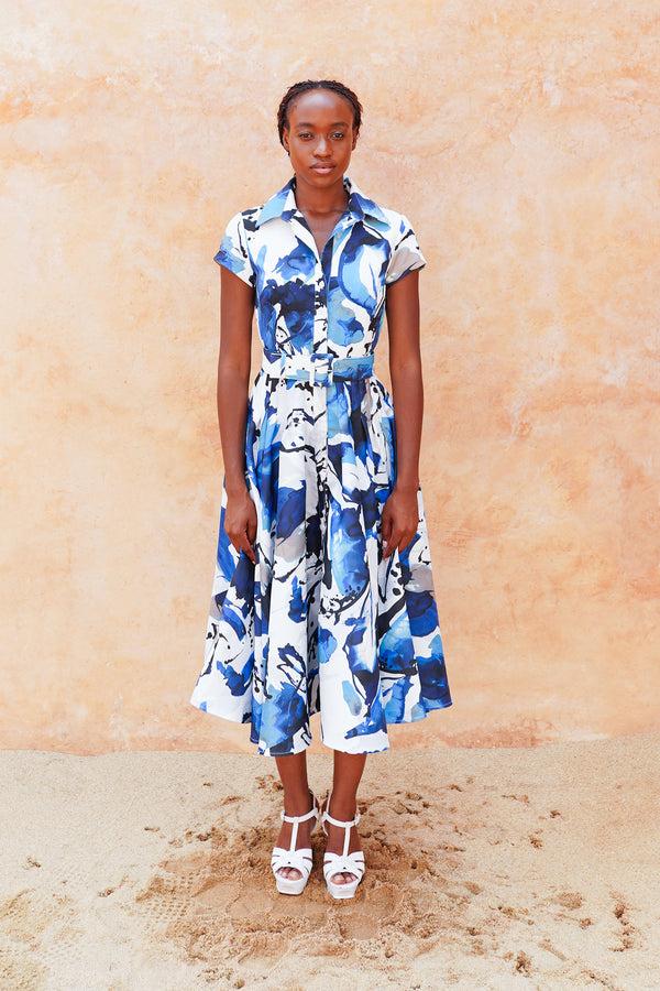 samantha sung Amber Dress Shirt Collar Short Cuff Sleeve Midi Length Poliamide Taffta (Watercolor Foliage White)