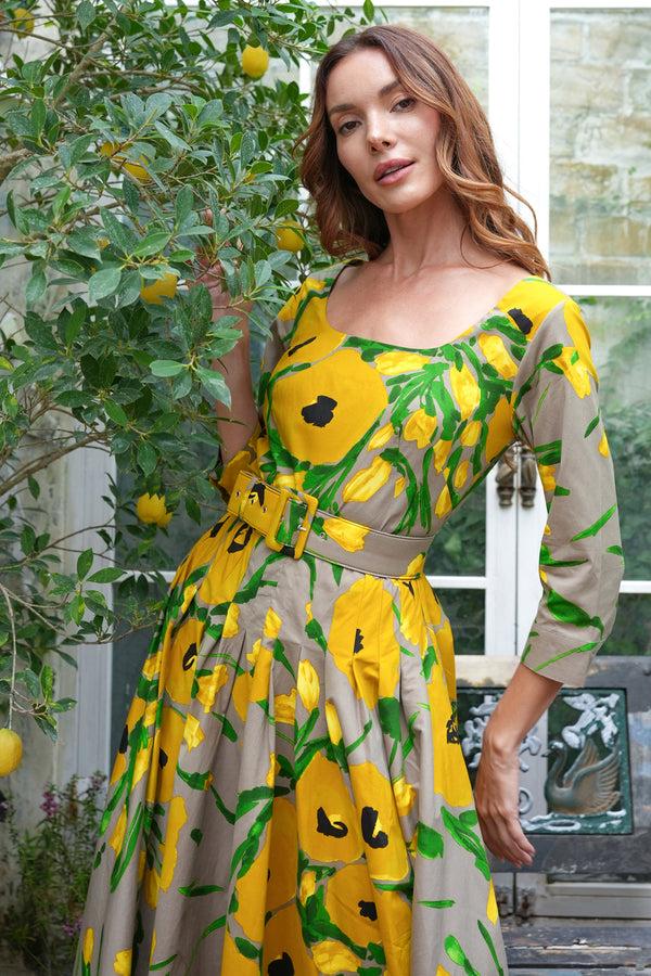 Samantha Sung Amber Dress U Neck 3/4 Sleeve Midi Length Cotton Stretch (Fiori Poppy Big Pastel)