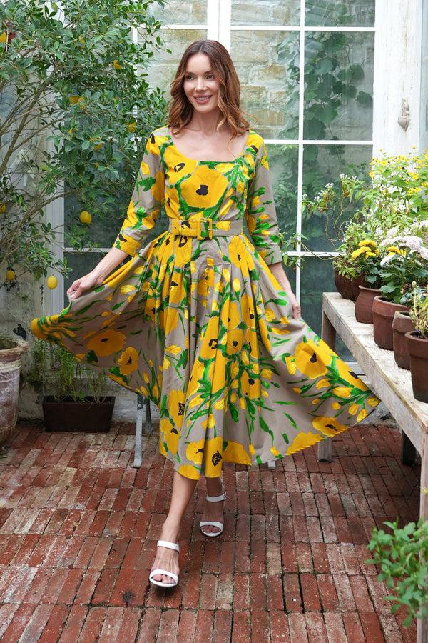 samantha sung Amber Dress U Neck 3/4 Sleeve Midi Length Cotton Stretch (Fiori Poppy Big Pastel)