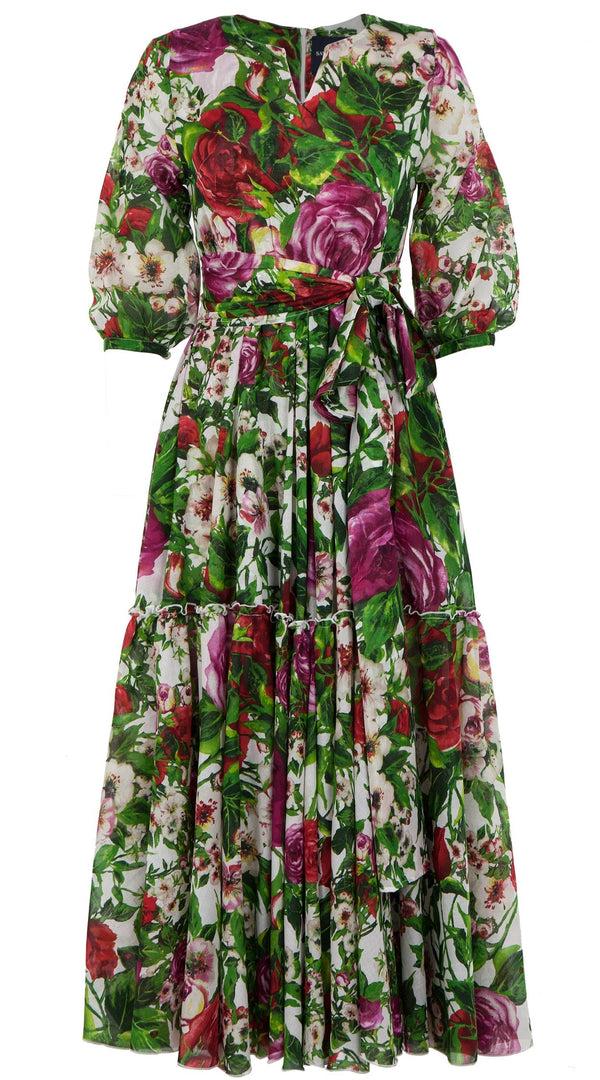 Samantha Sung Anna Dress Crew Slit Neck 3/4 Puff Sleeve Maxi Length Cotton Musola_Rose Garden_White Red Rose