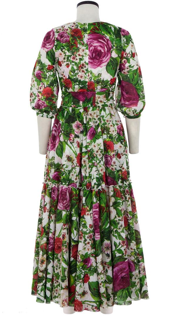Samantha Sung Anna Dress Crew Slit Neck 3/4 Puff Sleeve Maxi Length Cotton Musola_Rose Garden_White Red Rose