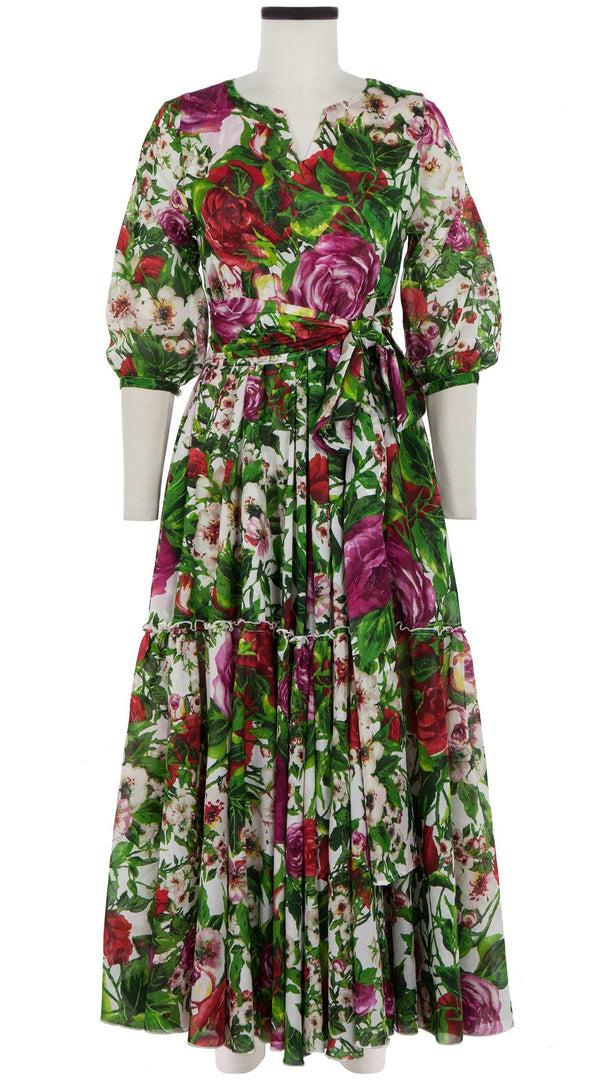 samantha sung Anna Dress Crew Slit Neck 3/4 Puff Sleeve Maxi Length Cotton Musola_Rose Garden_White Red Rose