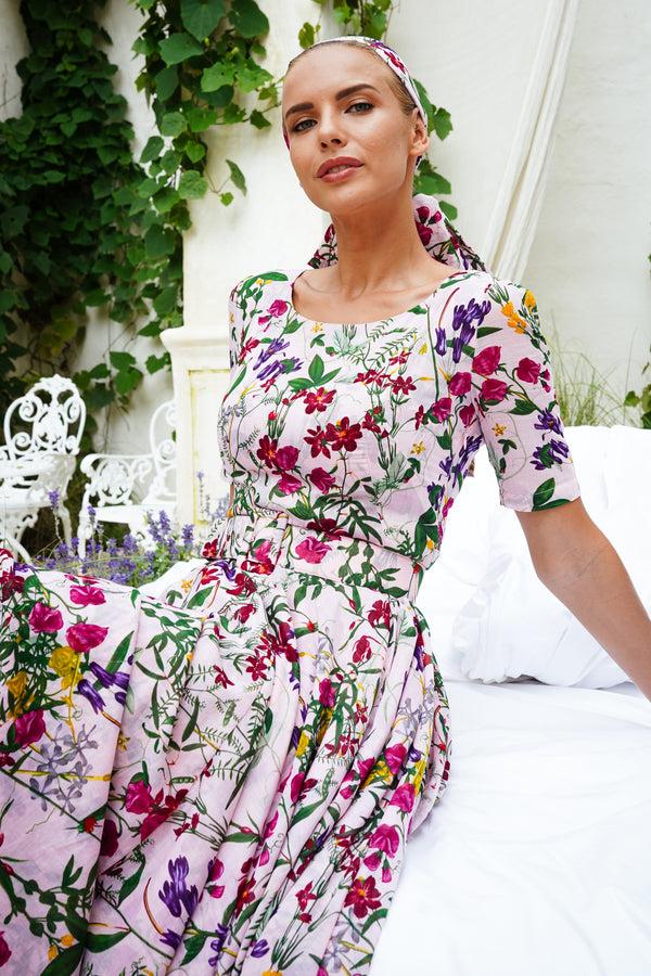 Samantha Sung Aster Dress Boat Neck 1/2 Sleeve Midi Length Cotton Musola (Fairy Tail Flower)