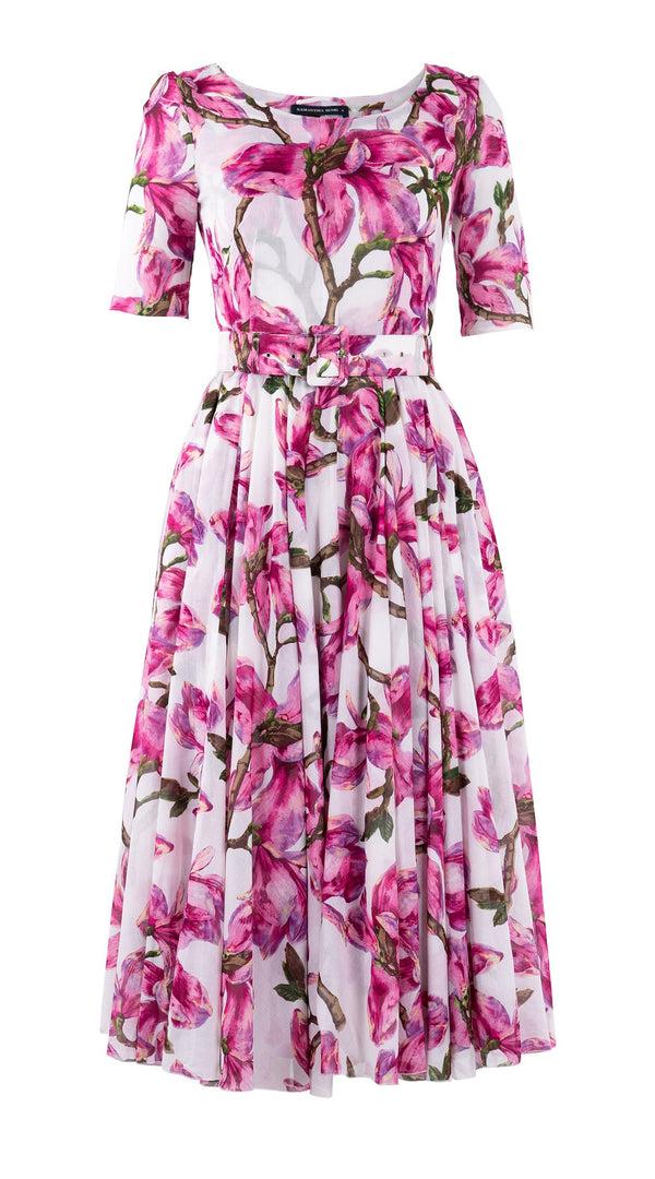 Samantha Sung Aster Dress Boat Neck 1/2 Sleeve Midi Length Cotton Musola (Magnolia Blossom)