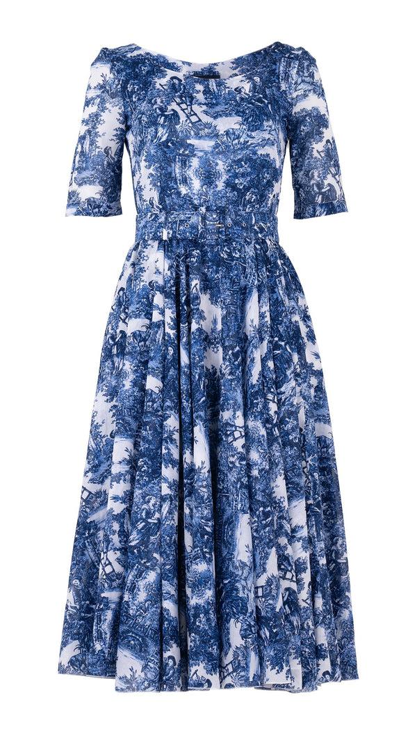 Samantha Sung Aster Dress Boat Neck 1/2 Sleeve Midi Length Cotton Musola (Antilles Toile White)