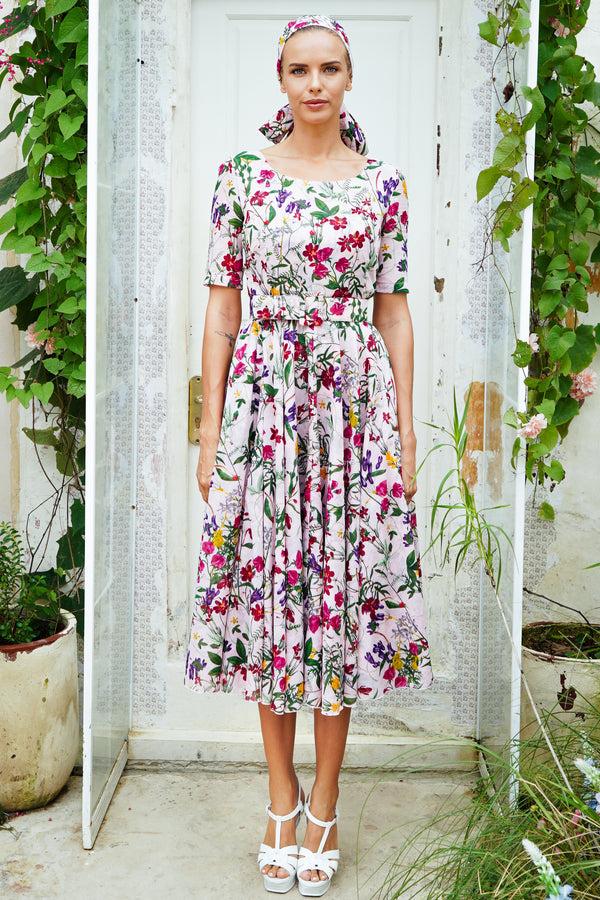 samantha sung Aster Dress Boat Neck 1/2 Sleeve Midi Length Cotton Musola (Fairy Tail Flower)