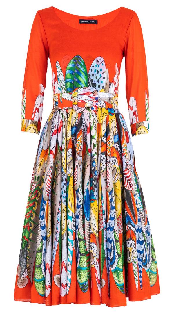 Samantha Sung Aster Dress Boat Neck 3/4 Sleeve Midi Length Cotton Musola (African Feather)