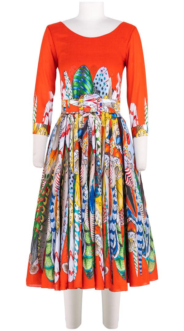samantha sung Aster Dress Boat Neck 3/4 Sleeve Midi Length Cotton Musola (African Feather)