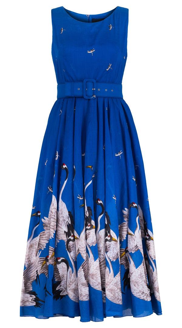 samantha sung Aster Dress Boat Neck Mini cap Sleeve Midi Plus Length Cotton Musola (White Crane Ombre)