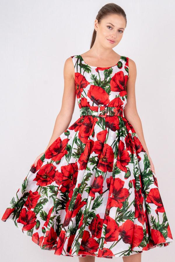 Samantha Sung Aster Dress Boat Neck Sleeveless Midi Length Cotton Musola (Poppy Poland Big)