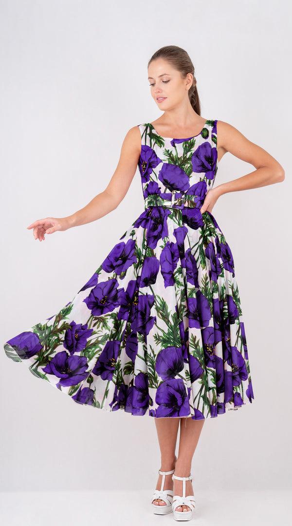 Samantha Sung Aster Dress Boat Neck Sleeveless Midi Length Cotton Musola (Poppy Poland Big)