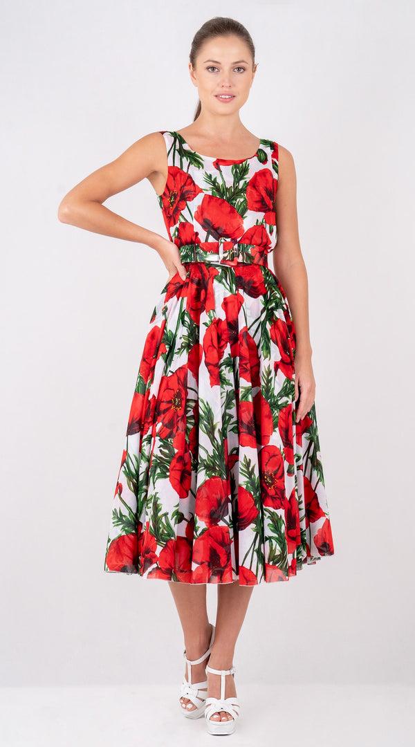 Samantha Sung Aster Dress Boat Neck Sleeveless Midi Length Cotton Musola (Poppy Poland Big)