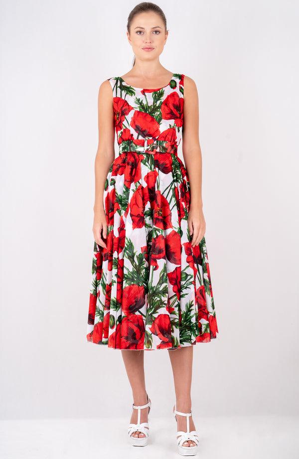 samantha sung Aster Dress Boat Neck Sleeveless Midi Length Cotton Musola (Poppy Poland Big)