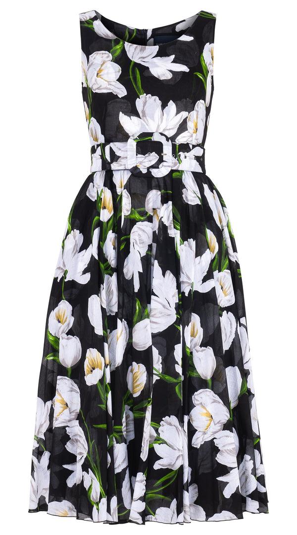 samantha sung Aster Dress Boat Neck Sleeveless Midi Length Cotton Musola (White Tulip)