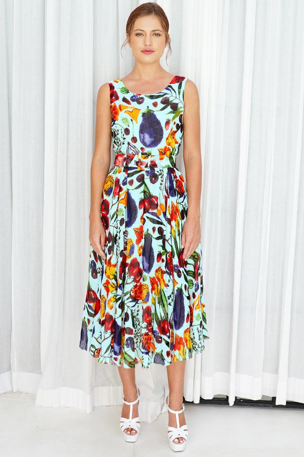 Samantha Sung Aster Dress Boat Neck Sleeveless Midi Length Linen (Watercolor Fruits)