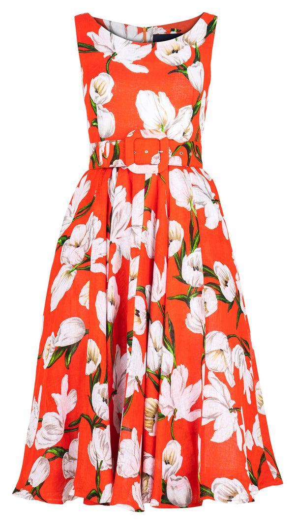 Samantha Sung Aster Dress Boat Neck Sleeveless Midi Length Linen (White Tulip)