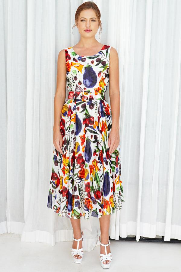 samantha sung Aster Dress Boat Neck Sleeveless Midi Length Linen (Watercolor Fruits)