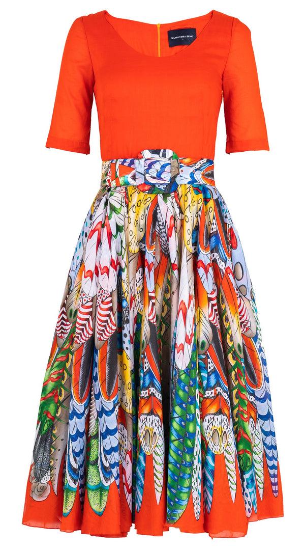 Samantha Sung Aster Dress Contrast Boat Neck Short Sleeve Midi Length Cotton Musola (African Feather)