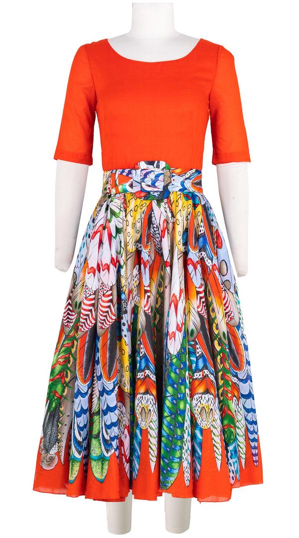 samantha sung Aster Dress Contrast Boat Neck Short Sleeve Midi Length Cotton Musola (African Feather)