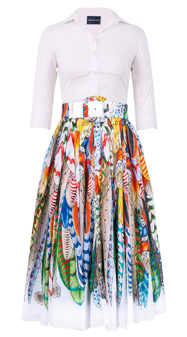 Samantha Sung Aster Dress Contrast Shirt Collar 3/4 Sleeve Midi Length Cotton Musola (African Feather)