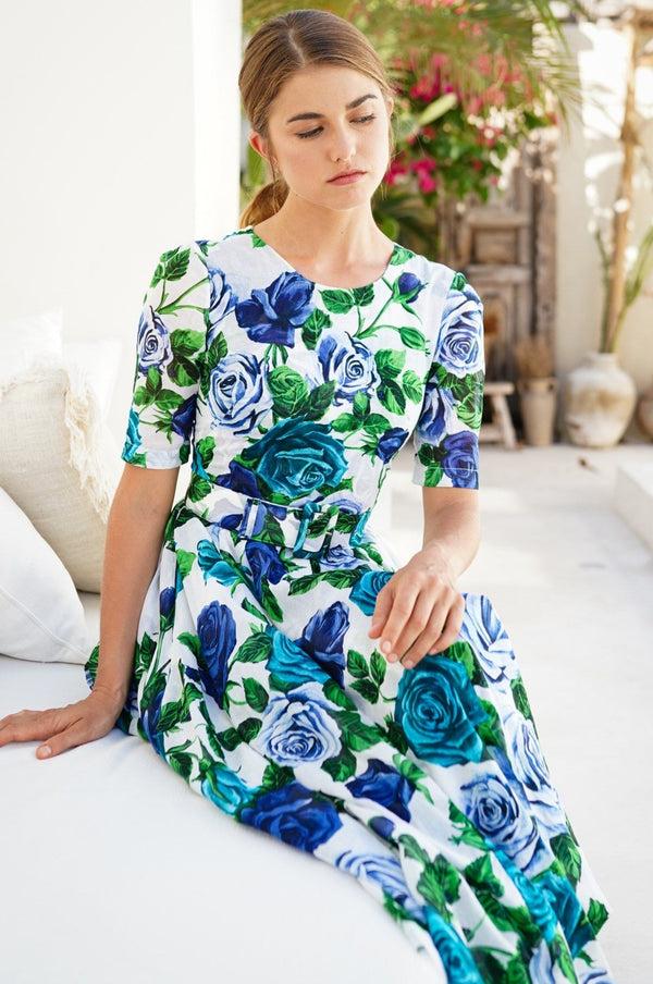 Samantha Sung Aster Dress Crew Neck 1/2 Sleeve Midi Length Cotton Musola (Charlotte Rose Big)