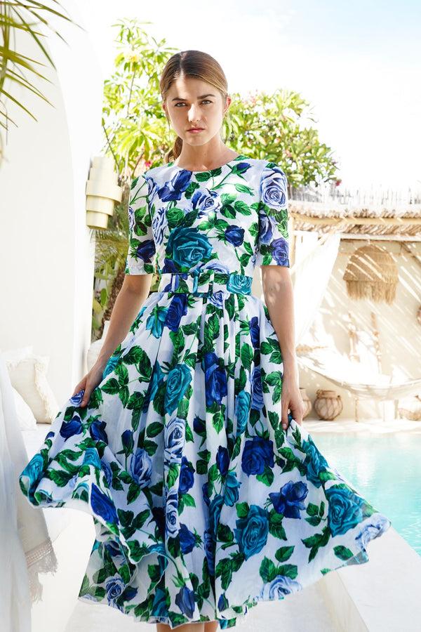 Samantha Sung Aster Dress Crew Neck 1/2 Sleeve Midi Length Cotton Musola (Charlotte Rose Big)