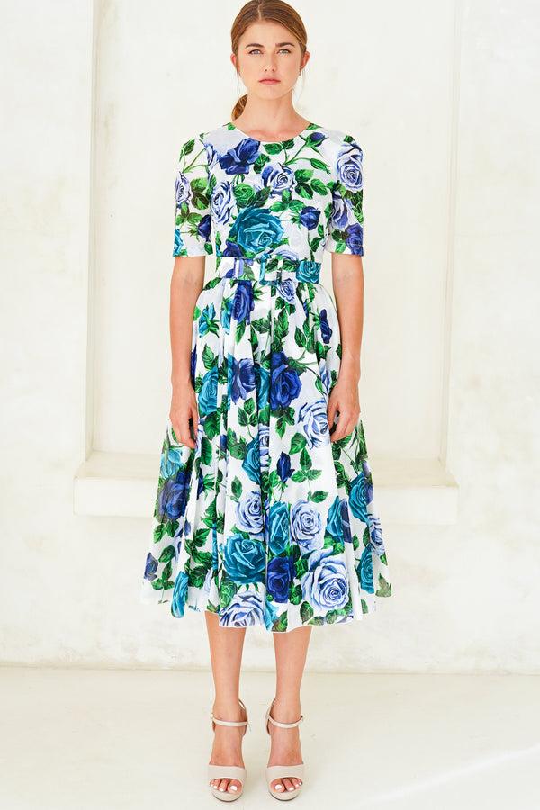 samantha sung Aster Dress Crew Neck 1/2 Sleeve Midi Length Cotton Musola (Charlotte Rose Big)