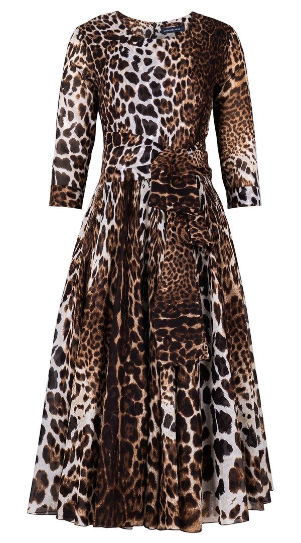 Samantha Sung Aster Dress Crew Neck 3/4 Sleeve Midi Length Cotton Musola (Colombo Leopard)