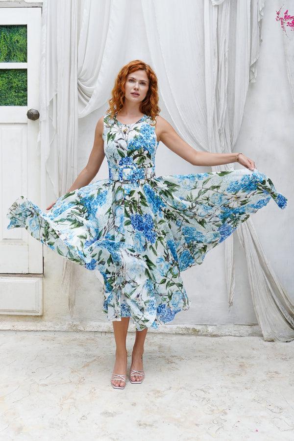 samantha sung Aster Dress Crew Neck Sleeveless Midi Length Cotton Musola (Lilac Heaven White)