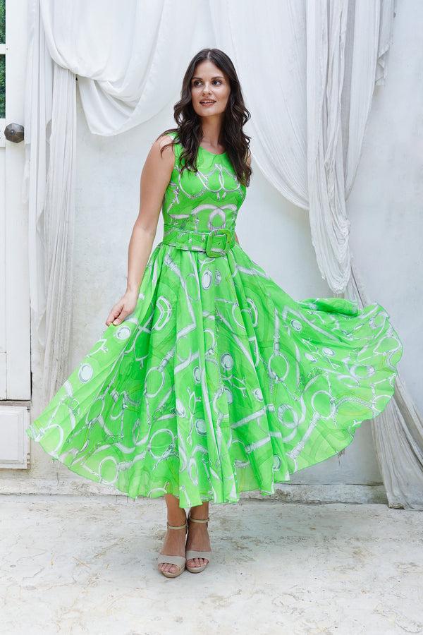 samantha sung Aster Dress Crew Neck Sleeveless Midi Length Cotton Musola (Secretariat Horse Pastel)