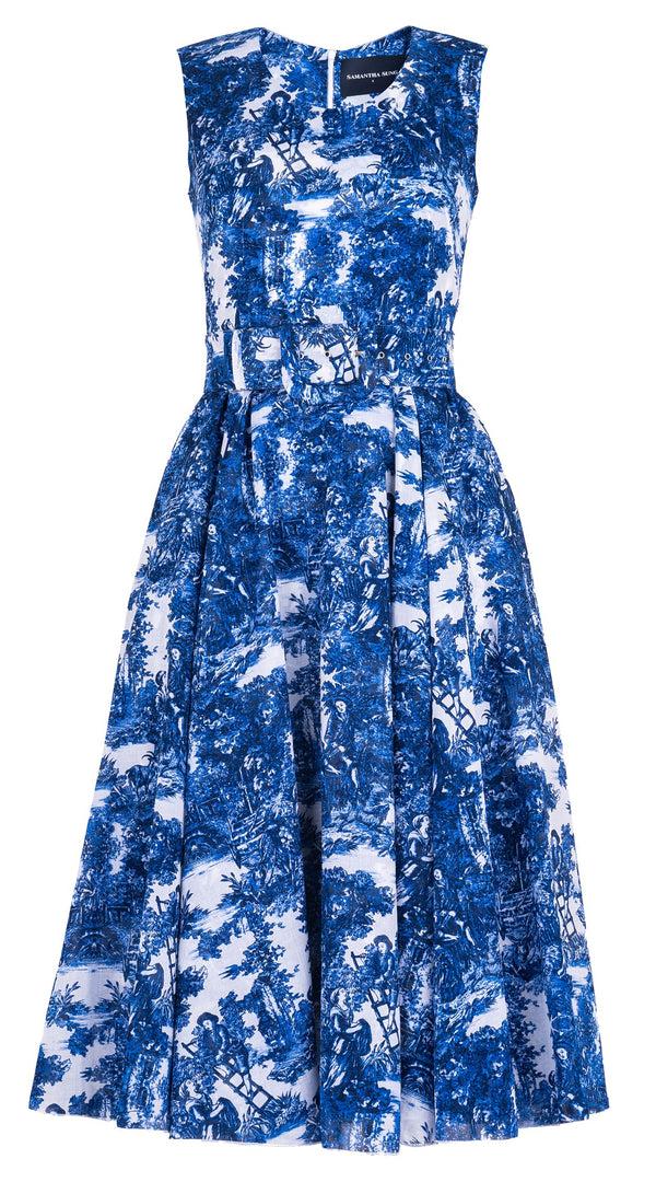 Samantha Sung Aster Dress Crew Neck Sleeveless Midi Length Cotton Musola (Antilles Toile White)