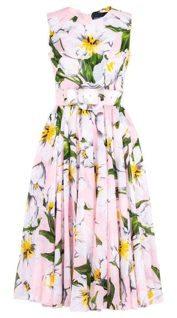 Samantha Sung Aster Dress Crew Neck Sleeveless Midi Length Cotton Musola (Emperor Tulip Pastel)