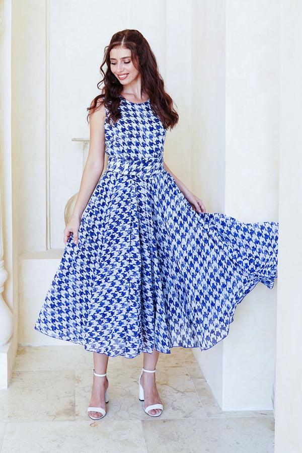 Samantha Sung Aster Dress Crew Neck Sleeveless Midi Length Cotton Musola (Houndstooth Toile White)