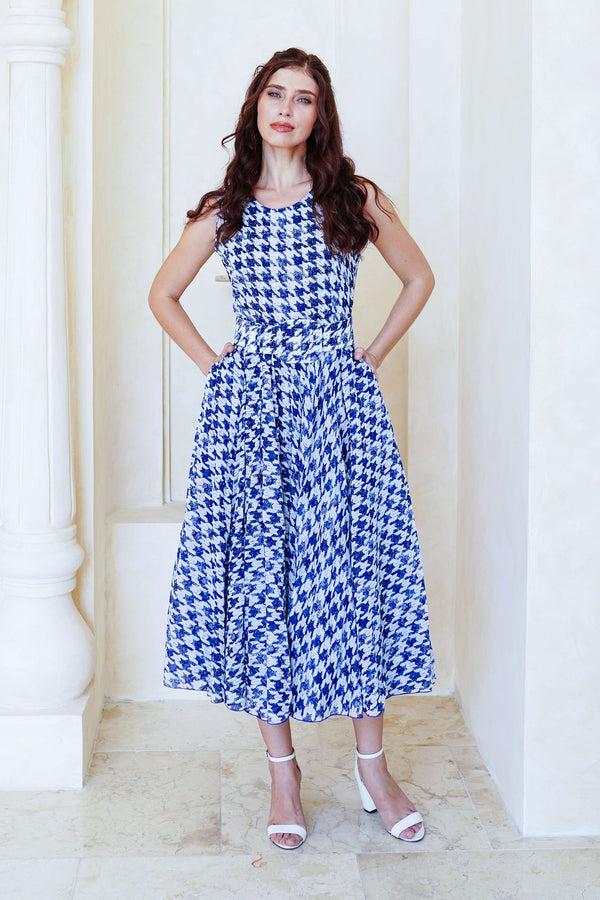 samantha sung Aster Dress Crew Neck Sleeveless Midi Length Cotton Musola (Houndstooth Toile White)
