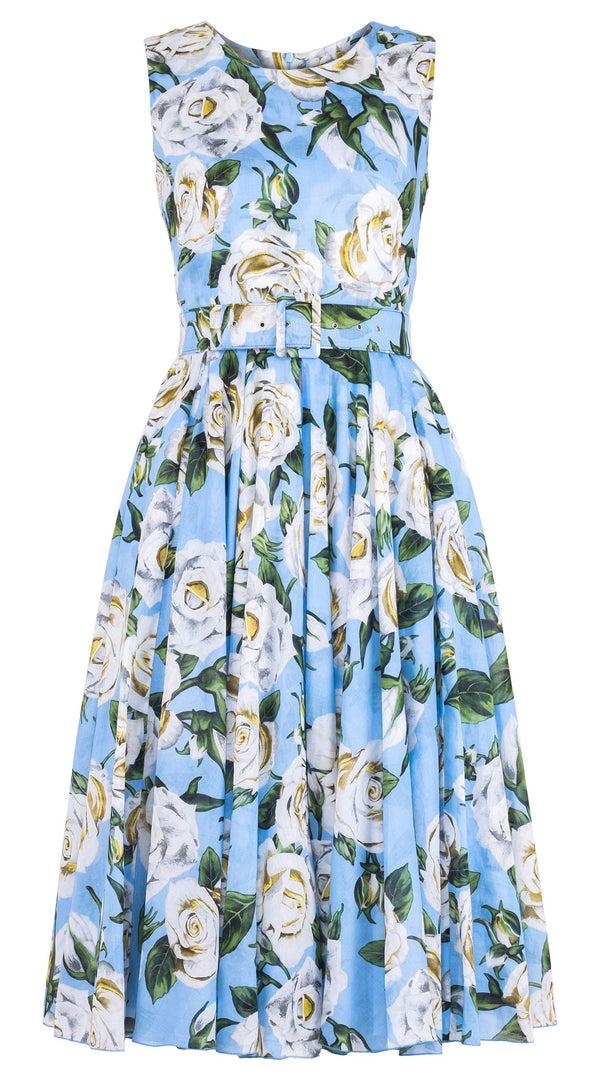 samantha sung Aster Dress Crew Neck Sleeveless Midi Length Cotton Musola (White Rose Pastel)