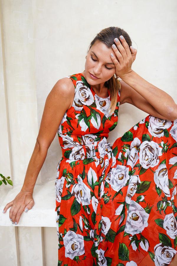 Samantha Sung Aster Dress Crew Neck Sleeveless Midi Length Cotton Musola (White Rose Bright)