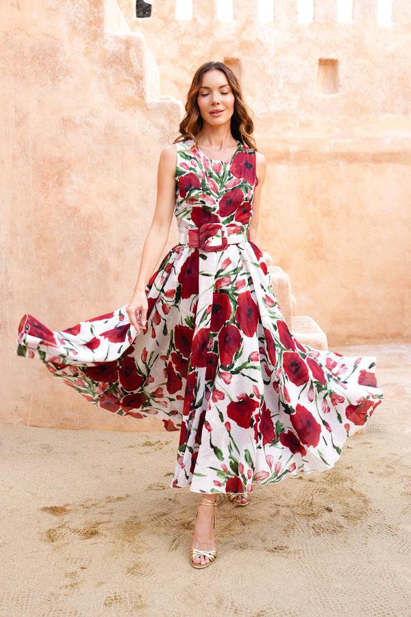 samantha sung Aster Dress Crew Neck Sleeveless Midi Plus Length Cotton Musola (Fiori Poppy Big White)
