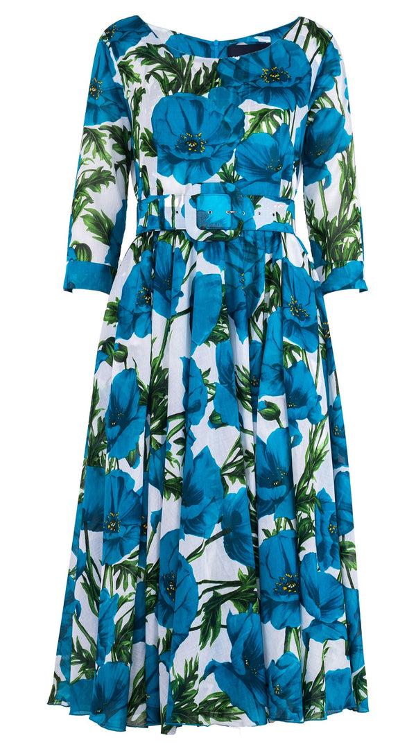 samantha sung Aster Dress Round Neck 3/4 Sleeve Midi Length Cotton Musol (Poppy Poland Big)