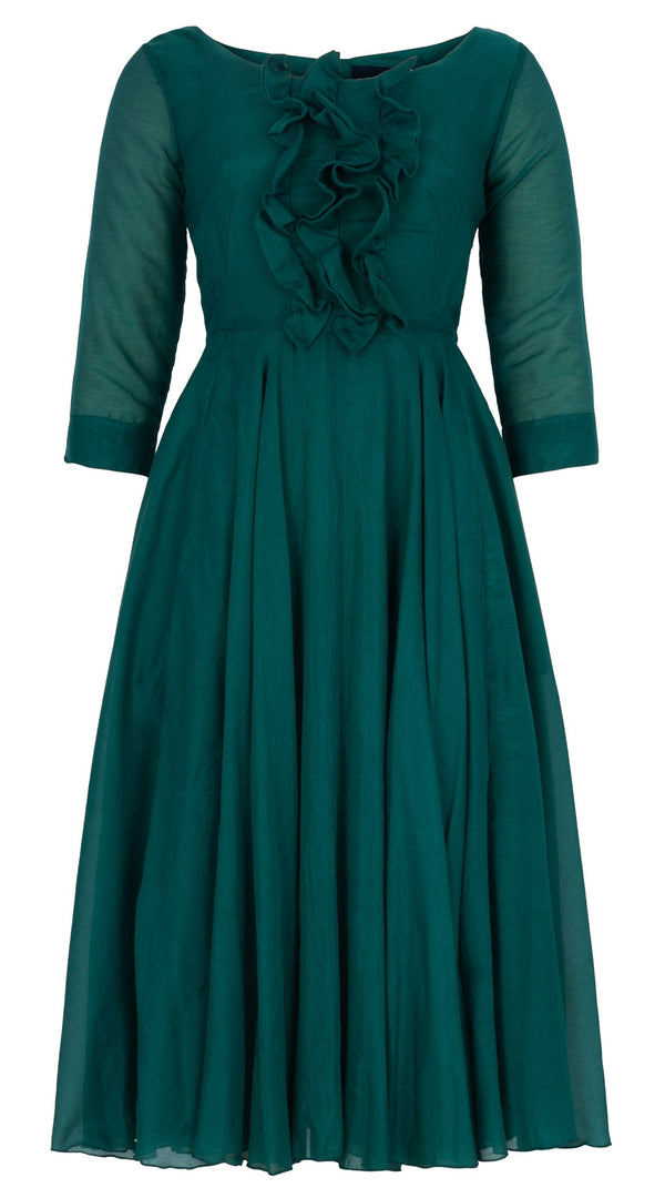 Samantha Sung Aster Dress Round Neck Ruffle Bias 3/4 Sleeve Midi Length Silk Musola (Solid)