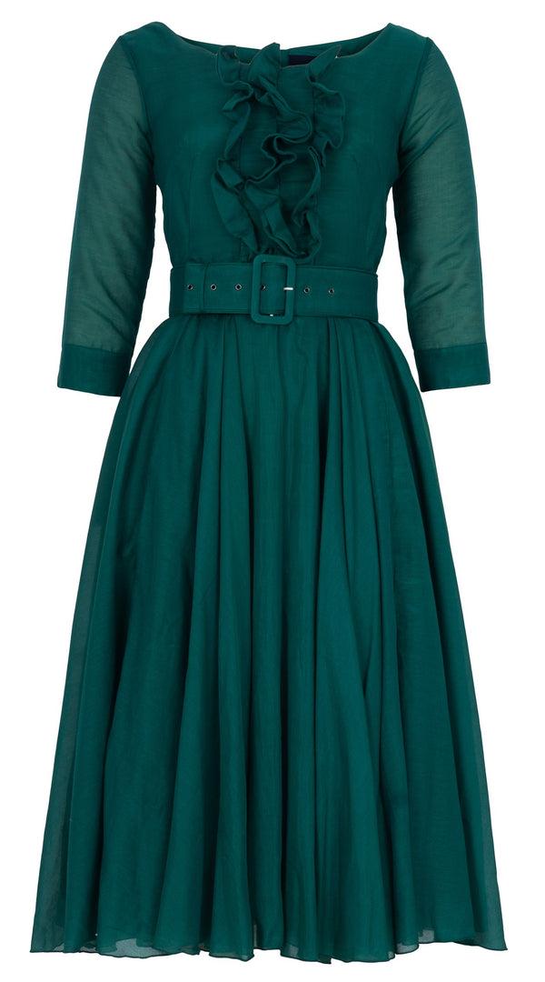 samantha sung Aster Dress Round Neck Ruffle Bias 3/4 Sleeve Midi Length Silk Musola (Solid)