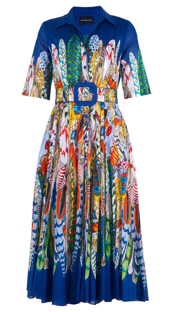 Samantha Sung Aster Dress Shirt Collar 1/2 Sleeve Midi Length Cotton Musola (African Feather)