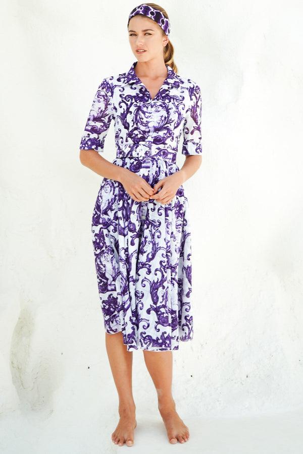 samantha sung Aster Dress Shirt Collar 1/2 Sleeve Midi Length Cotton Musola (Cherub Tile)