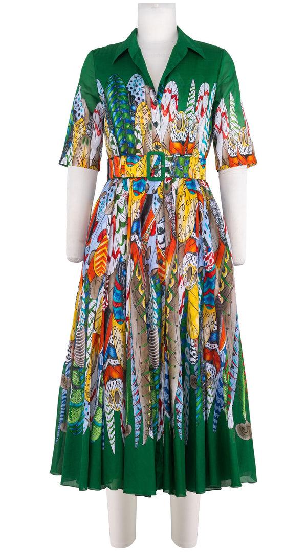 samantha sung Aster Dress Shirt Collar 1/2 Sleeve Midi Length Cotton Musola (African Feather)