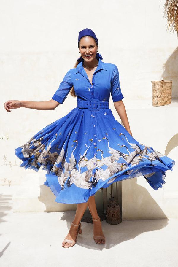 samantha sung Aster Dress Shirt Collar 1/2 Sleeve Midi Length Cotton Musola (White Crane Ombre)