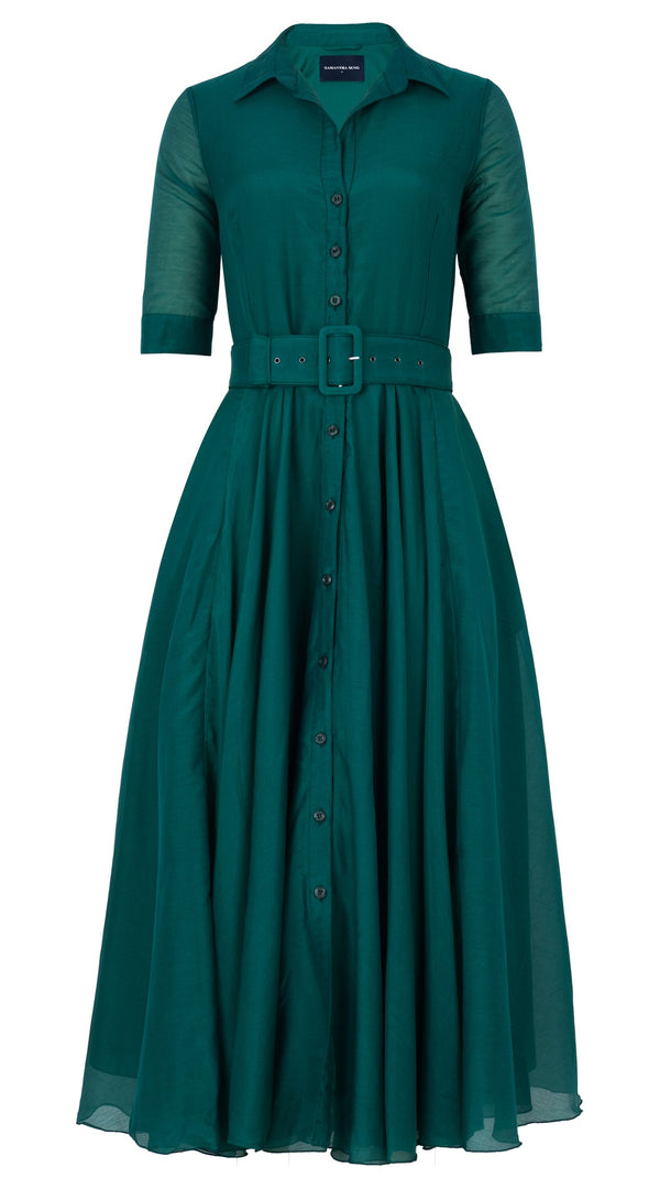 samantha sung Aster Dress Shirt Collar 1/2 Sleeve Midi Length Silk Musola (Solid)